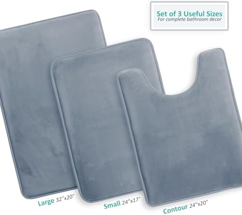 Clara Clark 3 Piece Bathroom Rugs, Velvet Memory Foam Bath Mat Set, Non-Slip Bath Rugs, Machine Wash, Dries Quickly, Ultra Soft Plush Bath Mats for Bathroom, 17 x 24/20 x 32 / Contour, Stone Blue - Image 3