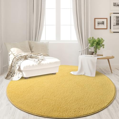FlyDOIT Round Area Rugs for Bedroom Living Room, 4x4 Yellow Super Soft Comfy Thickened Memory-Foam Indoor Circle Carpets, Modern Aesthetic Minimalist Carpet for Boys Girls Adults Nursery Home Décor - Image 3