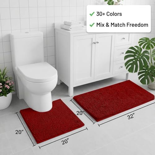 Bathroom Rugs Sets 2 Piece,Super Absorbent Chenille Bath Mats and U-Shaped Toilet Rug,Strong PVC Non Slip Backing,Microfiber Washable Dry Quickly Bath Mats for Bathroom(20"x32"+20"x20"U,Dark Red) - Image 2