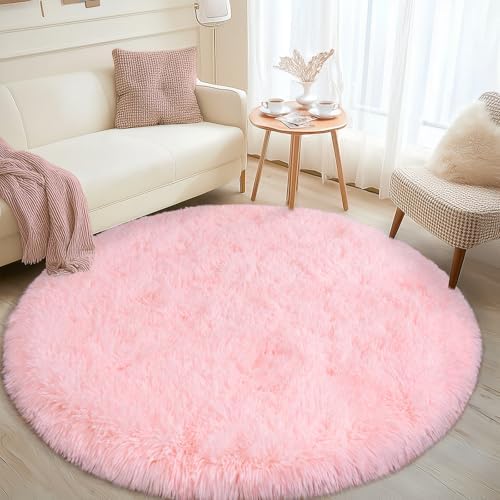 4Ft Fluffy Pink Round Rug for Girls Bedroom Kids Room, Washable Non-Slip - Image 3