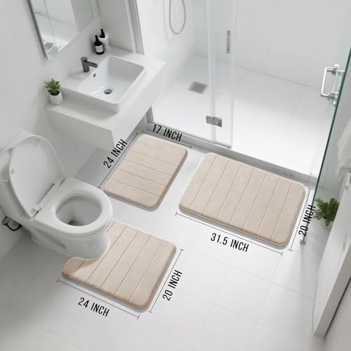 Yimobra Memory Foam Bath Mat Set 3 Pieces- Super Soft Absorbent Quick Dry Bathroom Rug Sets, Machine Washable Non Slip Floor Carpet for Tub Shower, Vanity & Toilet Base, Beige - Image 2
