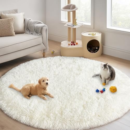 6ft Fluffy Cream White Round Rug for Bedroom Living Room, Washable Non-Slip - Image 4