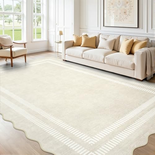 Washable 6x9 Area Rugs for Living Room, Solid Ivory Ultra-Thin Bedroom Rug Non-Slip Dining Room Rugs, Soft Scalloped Carpet for Nursery Kids Room Office by LORWER