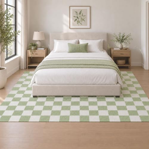 4x6 Checkered Area Rug for Living Room, Soft Low Pile Light Green rugs - Image 2