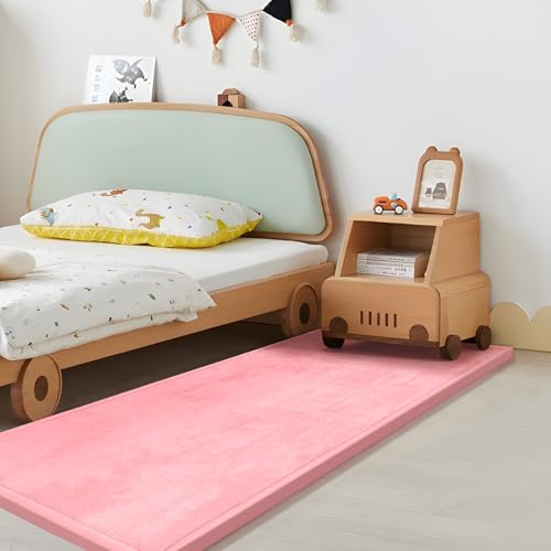 Play Mat for Babies Toddlers,1.3" Thick Elasti-Foam Anti-Fall Cushion Mat for kids Room,28×72 Bedroom Bedside Rugs,Water-Repellent Soft Coral Velvet,Non-Slip(Pink) by HulooSleep