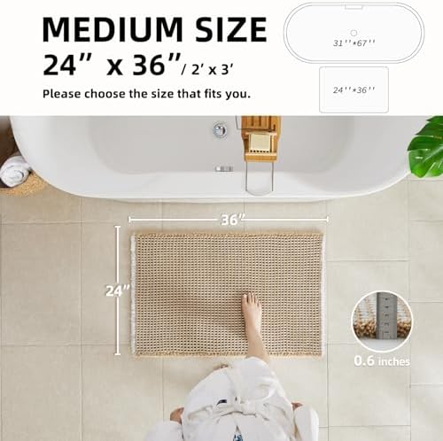 TYUU Waffle Bath Mat, Boho Bathroom Rugs Non Slip, 36x24 Khaki & White - Image 2