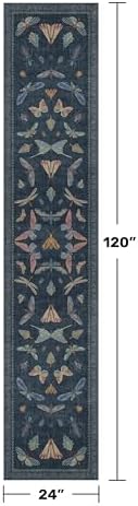 Vintage 2x10 Washable Entryway Indoor Runner Rug, Non Slip Carpet for Kitchen, Dark Blue Insect Moth Décor, Soft Low Pile Stain Resistant Mat - Image 2