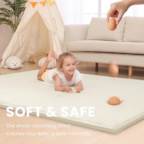 Baby Play Mat for Floor,1.3" Thick Elasti-Foam 50x50 Playpen Mat for Toddlers Infant Kids,Water-Repellent Soft Coral Velvet for Tummy Time,Non-Slip Backing for Crawling,Tatami Style(Cream) - Image 3