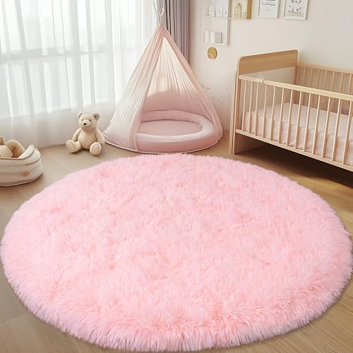 5Ft Fluffy Pink Round Rug for Girls Bedroom Kids Room, Washable Non-Slip - Image 2