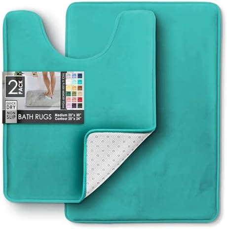 Clara Clark 2 Piece Bathroom Rugs, Velvet Memory Foam Bath Mat Set, Non-Slip Bath Rugs, Machine Wash, Dries Quickly, Ultra Soft Plush Bath Mats for Bathroom, 20 x 32 + Contour, Teal Blue - Image 3