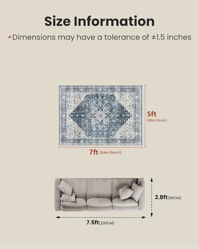 Amada 5x7 Washable Area Rug for Living Room, Blue, Vintage Pattern - Image 2