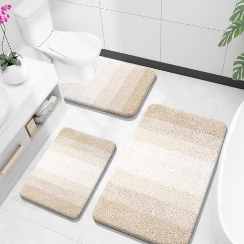 OLANLY Microfiber Bathroom Rugs Sets 3 Piece, Soft Bath Mats, Light Beige by OLANLY
