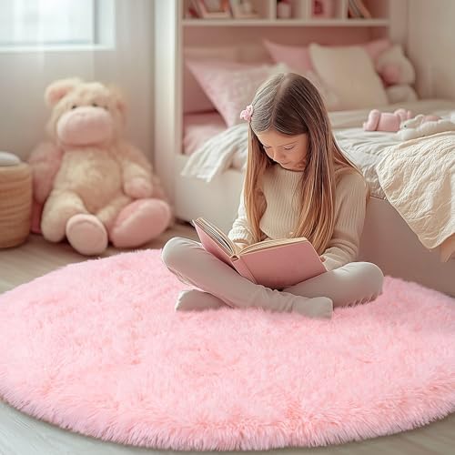4Ft Fluffy Pink Round Rug for Girls Bedroom Kids Room, Washable Non-Slip - Image 2