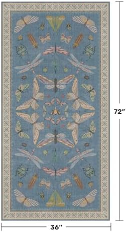 3x6 Washable Rug, Ultra Soft Runner Rug for Bathroom, Large Kitchen, Kids Bedroom Bedside & Entryway, Non Slip Low Pile Stain & Fade Resistant Area Rug, Dusty Blue Insect Design - Image 2