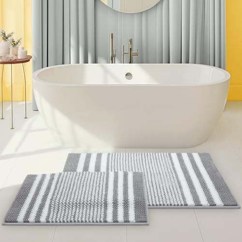 BSICPRO Bathroom Rugs Sets 2 Piece, Non Slip Striped Bath Mats, Light Grey by BSICPRO
