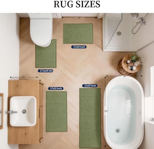 YIHOUSE Green Bathroom Rugs Sets 4 Piece, Quick Dry Non Slip Thin Bath Mat with Toilet Rug, Absorbent Machine Washable Bath Runner Rugs for Bathtub Sink Home Decor - Image 2
