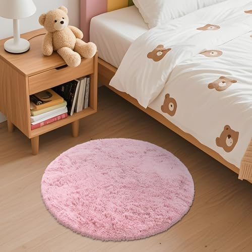 OLANLY Pink Round Rugs for Bedroom - Machine Washable, 2 ft Circle Area Rugs for Living Room, Soft and Fluffy Shaggy Carpet for Teen Girls and Boys, Nursery Rooms, Dorms, Home Decor Aesthetic - Image 3