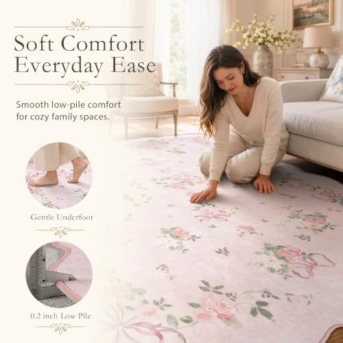 Wonnitar Pink Bow Floral Bedroom Rug, 4x6 Area Rug for Baby Girl Nursery - Image 2