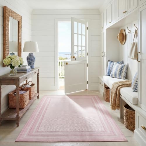 SAFAVIEH Washable Rug Outdoor Courtyard Collection - 4' x 5'7", Ivory & Pink, Non-Shedding & Easy to Clean, Ideal for Patio, Backyard, Mudroom (CY8475-56212) by Unknown