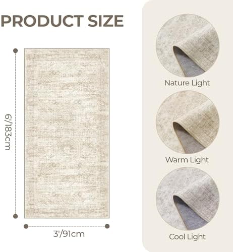 3x6 Runner Rug Non Slip,Washable Hallway Runner Rug,Beige - Image 2
