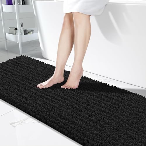 Yimobra Bathroom Runner Rug 70x24 Inch - Extra Long Non Slip Chenille Bath Mat, Soft & Absorbent, Machine Washable Shaggy Hallway Carpet for Vanity Tub Shower, Black Home Decor Accessories by Yimobra