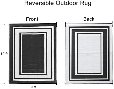 RURALITY Outdoor Rug 9x12 Waterproof for Patio Clearance,Large Plastic Straw Mat for Camping,Porch,RV,Reversible,Black and White - Image 2