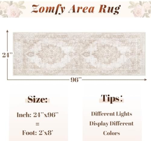 Area Rug 2x8 Runner Rug: Washable Vintage Hallway Rugs Indoor Medallion Rug Low Pile Distressed Floor Carpet Retro Accent Rugs for Kitchen Bedroom Bathroom Dining Room(Beige, 2'x8') - Image 2