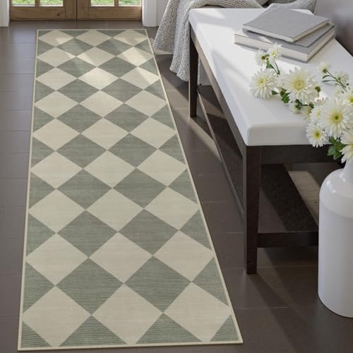 Beeiva Checkered Print Kitchen Runner Rugs Non Skid Washable 2.5x8, Ultra Thin Low Pile Green Runners for Hallways 8ft, Geometric Farmhouse Floor Carpet for Bedroom Entryway, Modern Plaid Home Decor - Image 4