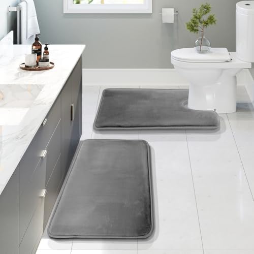 Clara Clark Bathroom Rugs, Velvet Memory Foam Bath Mat, Non-Slip Bath Rugs, Machine Wash, Dries Quickly, Ultra Soft Plush Bath Mats for Bathroom,17 x 24 + Contour, Grey by ClaraClark