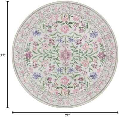 Wonnitar Floral Washable Round Rugs 6ft, Purple Circle Rugs for Bedroom Girls Dorm, Ultra-Thin Non Slip Boho Carpet for Nursery Girls Room Decor Living Room Playroom, Light Purple/Pink - Image 2