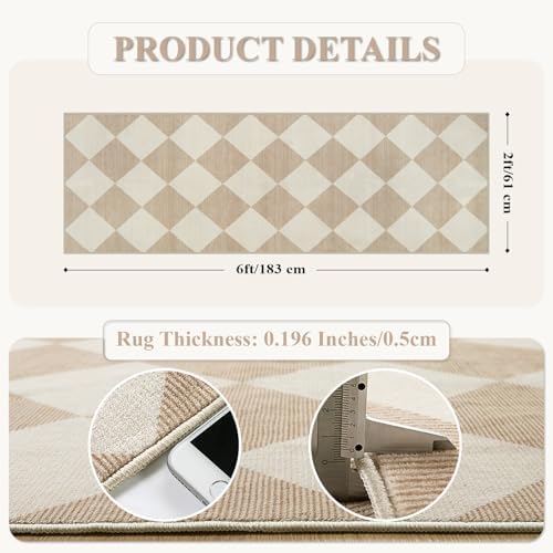 Beeiva Checkered Print Carpet Runners for Hallway 6ft, Beige Ultra Thin Washable Kitchen Runner Rug Non Slip, Moroccan Plaid Checkerboard Decor Faux Wool 2x6 Rug for Bedroom Bathroom Entryway - Image 2
