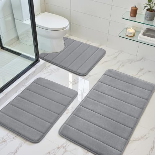 BYSURE Grey Memory Foam Bathroom Rug Set 3 Piece, Non Slip Extra Soft Absorbent Bath Mats, Machine Washable & Dry Toilet Mat Sets for Bathroom Floor by BYSURE