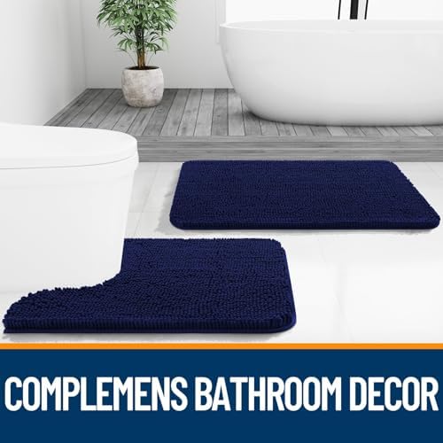 OLANLY Chenille Bathroom Rugs Sets 3 Piece, 36"x24"+24"x16"+24"x20", Navy - Image 6