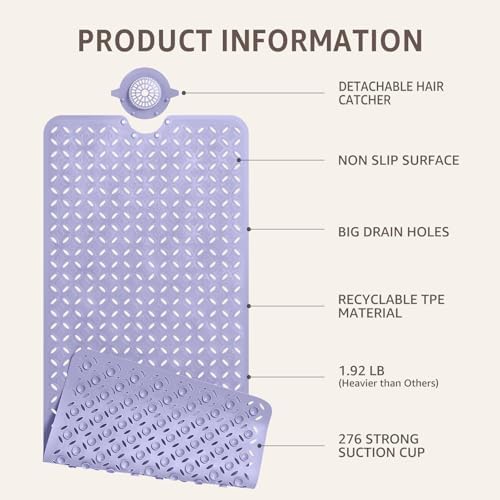 OTHWAY Bath Mat for Tub Non Slip: 39" X 17" Long Bathtub Mat with Hair Catcher│Big Drain Holes Shower Mats for Inside Shower│Machine Washable (Lavender) - Image 2