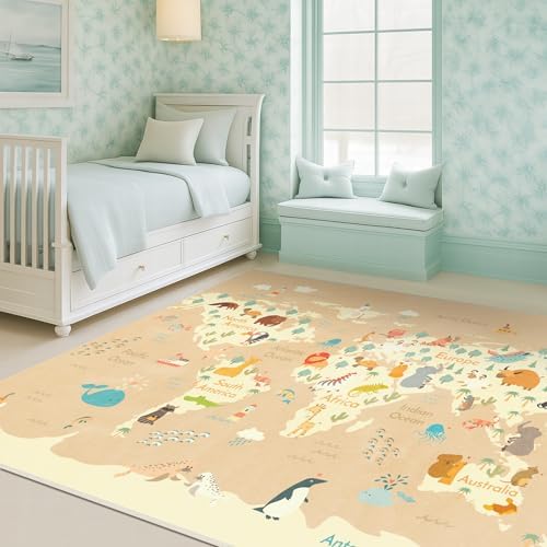 Hazo Haus Washable Kids Playroom Rug with Animal – 5x8 Educational World Map Area Rug with Kids Room – Non-Slip, Stain Resistant, Soft & Safe, Nursery, Classroom or Bedroom - Beige - Image 3