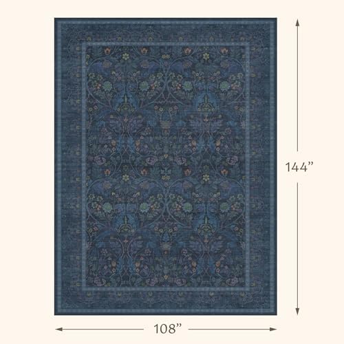 9x12 Vintage Big Floor Rugs for Living Room, Machine Washable Soft Dark Blue Rugs for Bedroom, Low Pile Carpet with Vintage & Boho Décor Floral and Botanical Pattern - Image 2