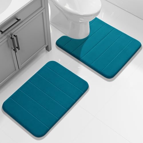 Yimobra Memory Foam Toilet Bath Mat U-Shaped, Soft and Comfortable, Water Absorption, Non-Slip, Thick, Machine Wash and Easier to Dry for Bathroom Commode Contour Rug, 24 X 20 Inches, Peacock Blue - Image 2