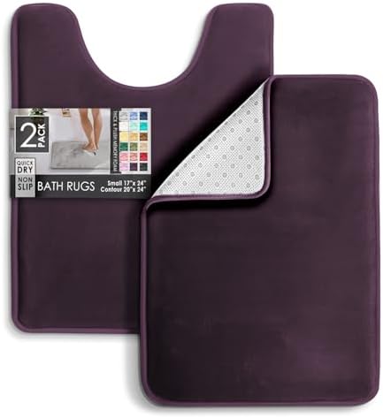 Clara Clark 2 Piece Bathroom Rugs, Velvet Memory Foam Bath Mat Set, Non-Slip Bath Rugs, Machine Wash, Dries Quickly, Ultra Soft Plush Bath Mats for Bathroom, 17 x 24 + Contour, Dark Purple - Image 3