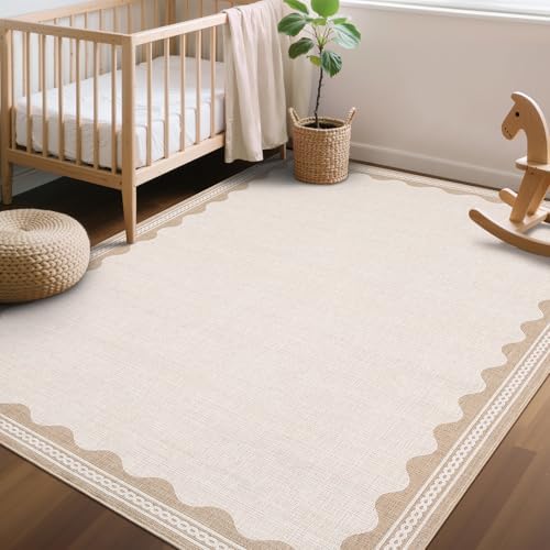 GarveeHome Scalloped 3x5 Rug Washable Non-Slip Low-Pile Indoor Rugs for Entryway Solid Beige Modern Carpet for Kitchen Bedroom Living Room Bathroom Indoor Mat - Image 3