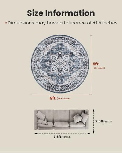 Amada Round 8x8 Washable Area Rug for Dining Room, Blue, Vintage Pattern - Image 2