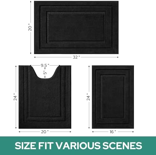 HOMEIDEAS Black Bathroom Rugs Set of 3, Non Slip Bath Mats - Image 2