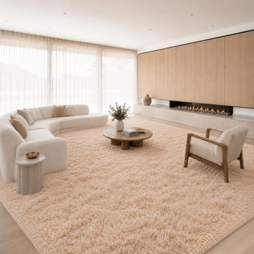 9x12 Ft Beige Fluffy Area Rug for Living Room, Soft Washable Carpet by OHWPEAT