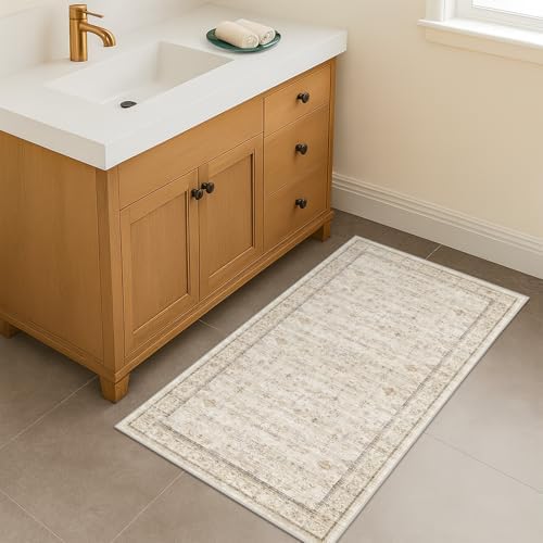 Cream 2x5 Runner Rugs for Bathroom Floor, Geometric Floral Throw Rugs Washable for Entryway, Kitchen, Bedroom, Laundry Room Beige Farmhouse Modern Neutral Home Décor, Low Pile Soft Non Slip Carpet by HazoHaus