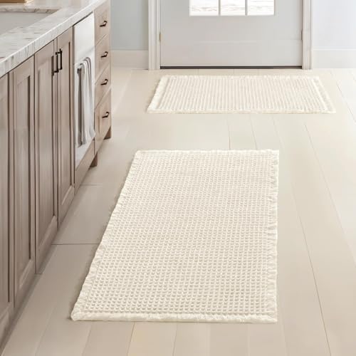 MIULEE Set of 2 Waffle Bathroom Rugs Boho Bath Mat Cream White 17x24 Inch by MIULEE