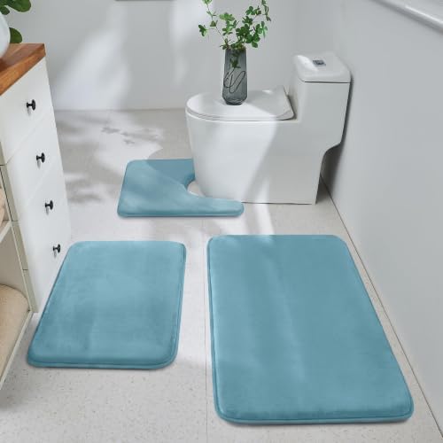 HUXMEYSON 3-Piece Memory Foam Bathroom Rug Set, Lake Blue by HUXMEYSON