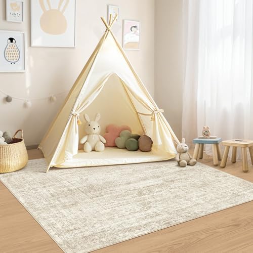 UERMEI Square Area Rugs : Washable 5x5 Neutral Modern Abstract Carpet for Living Room Bedroom - Soft Floor Mat with Non Slip Backing for Kitchen Nursery Dorms Farmhouse Home Decor - Beige/Brown - Image 4