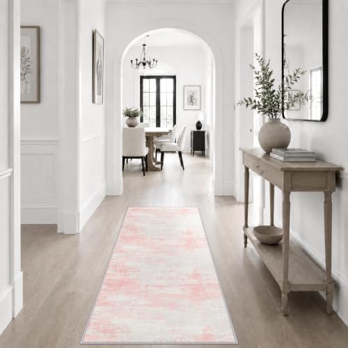 2x5 Washable Runner Rug：Modern Abstract Soft Carpet Pink White - Image 5