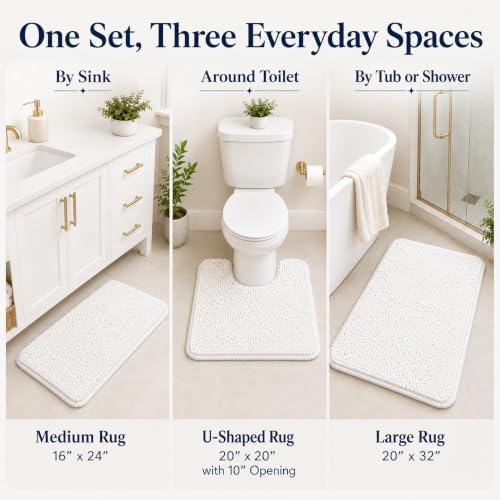 White Bathroom Rugs Chenille Bath Mat Set 3 Piece, Extra Soft, and Absorbent Shaggy Rugs, Machine Wash and Dry, Perfect Plush Carpet Mats for Tub, Shower, Bathroom Rug Mats - Image 6