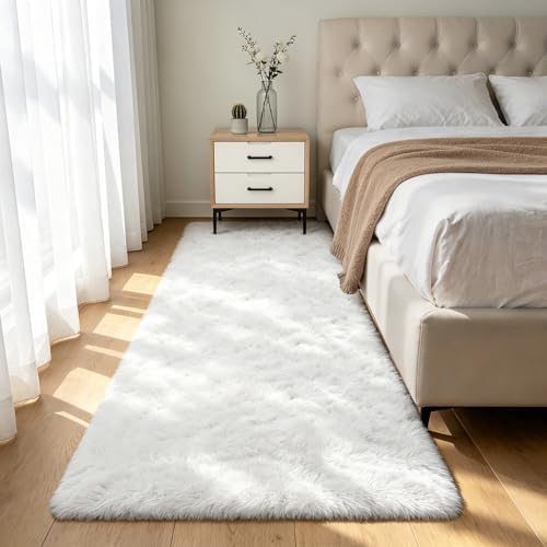 Shag Runner Rug for Bedroom Living Room 2x6 Upgrade Non-Slip Fluffy Soft Bedside Rugs,White Shaggy Carpet for Livingroom Dorm Home Decor Aesthetic by Boshengya