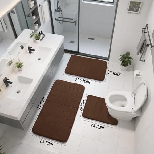 Yimobra 3 Pieces Memory Foam Bath Mat Set with U-Shaped Toilet Rug - Non Slip Super Soft Absorbent Quick Dry Bathroom Rugs for Bathtub, Vanity & Toilet Base, Brown - Image 2